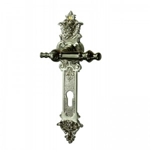Ferrure de porte ancienne - plaque de porte et poignée de porte - laiton nickelé satiné - modèle PZ "Aix-la-Chapelle". 